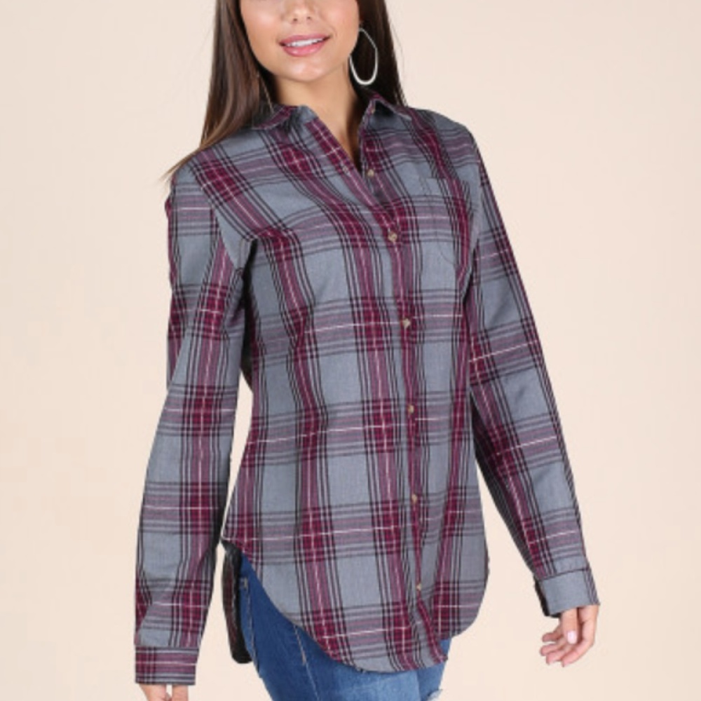 NWT Altar'd State Torrey Plaid Top, M, Gray/Plum